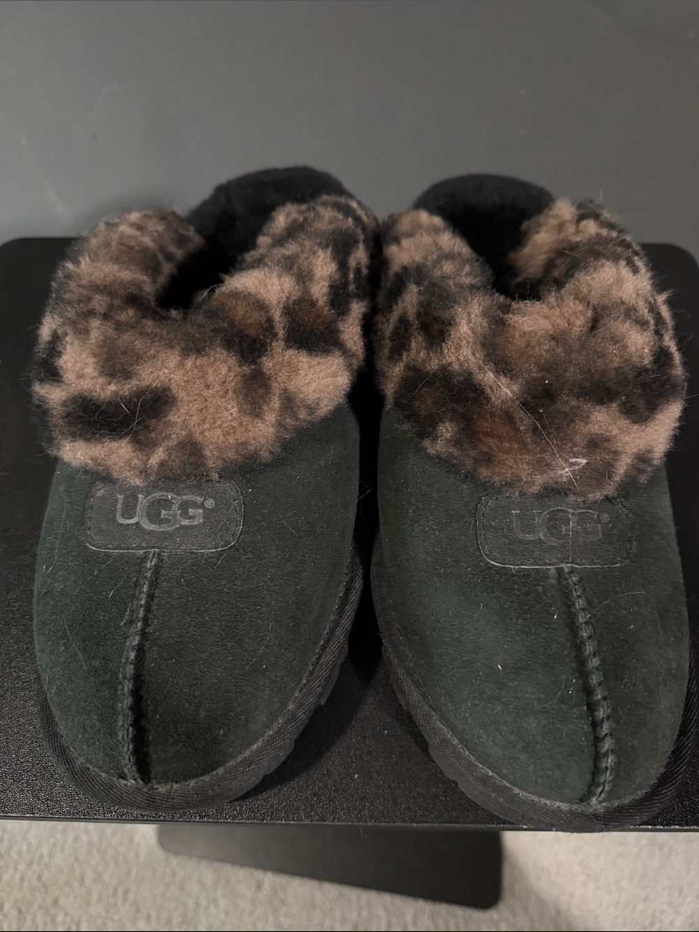 UGG Black Suede Slippers with Brown Leopard Fur Cuff